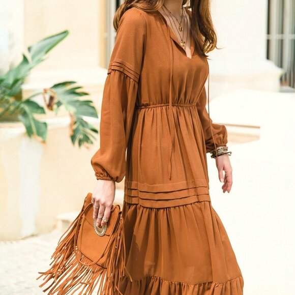 Brown Boho Womens Chiffon V-Neck Tie Elegant Long MAXI  Dress - Picture 7 of 8